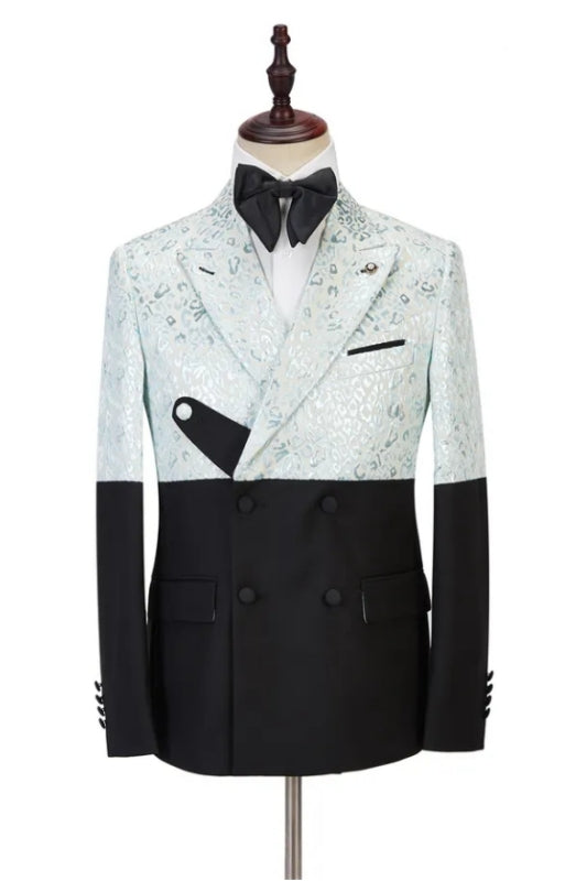 Solomon Sky Blue Jacquard Peaked Lapel Double Breasted Latest Prom Suit