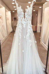 Split Front A-Line Tulle Sleeveless Spaghetti Straps Sweetheart Wedding Dresses with Appliques