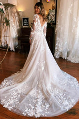 Square Neck Long Sleeves A-Line Lace Wedding Dress