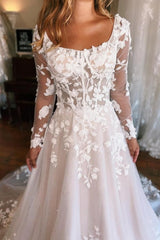 Square Neck Long Sleeves A-Line Lace Wedding Dress