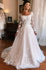 Square Neck Long Sleeves A-Line Lace Wedding Dress