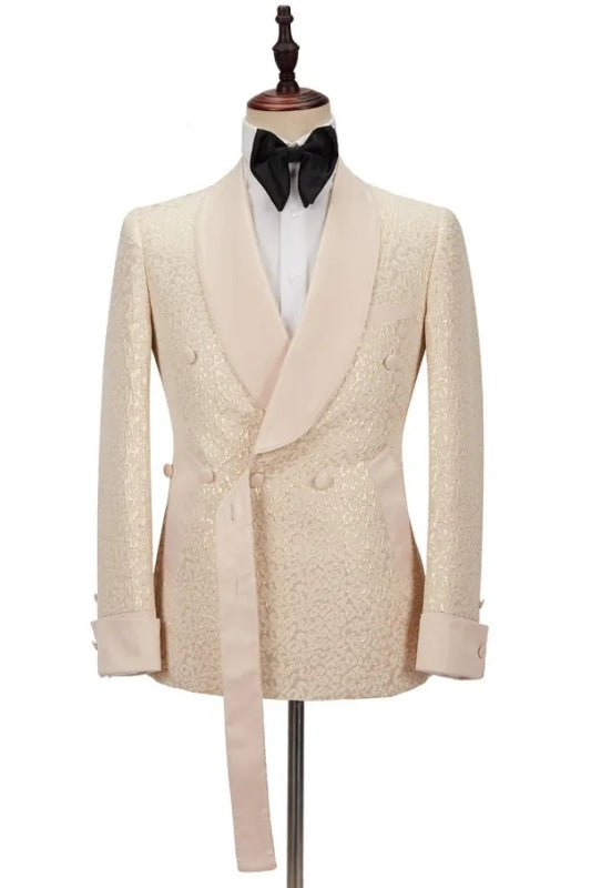 Stev Custom Champagne Shawl Collar Double Breasted Groom's Wedding Suit