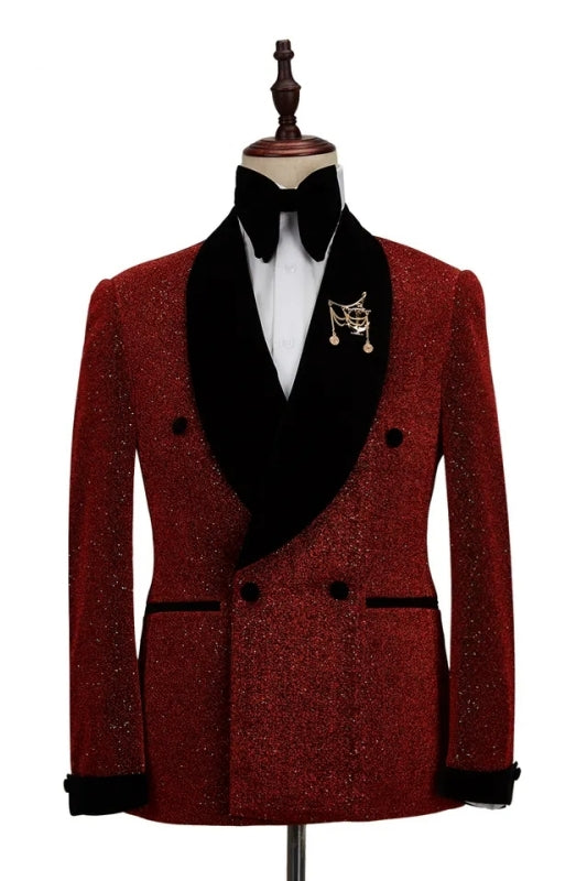 Steve Stylish Burgundy Sequined Double Breasted Groom's Suit With Black Velvet Lapel