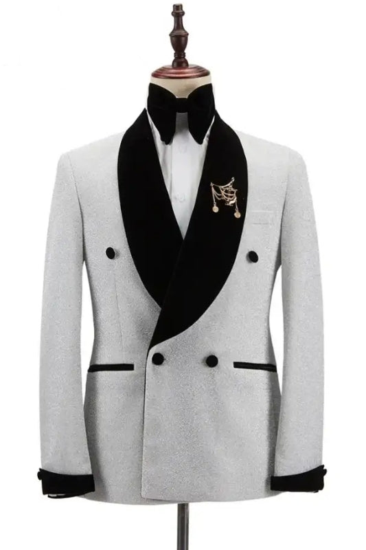 Stewart Elegant White Sequined Double Breasted Wedding Suit With Black Velvet Lapel