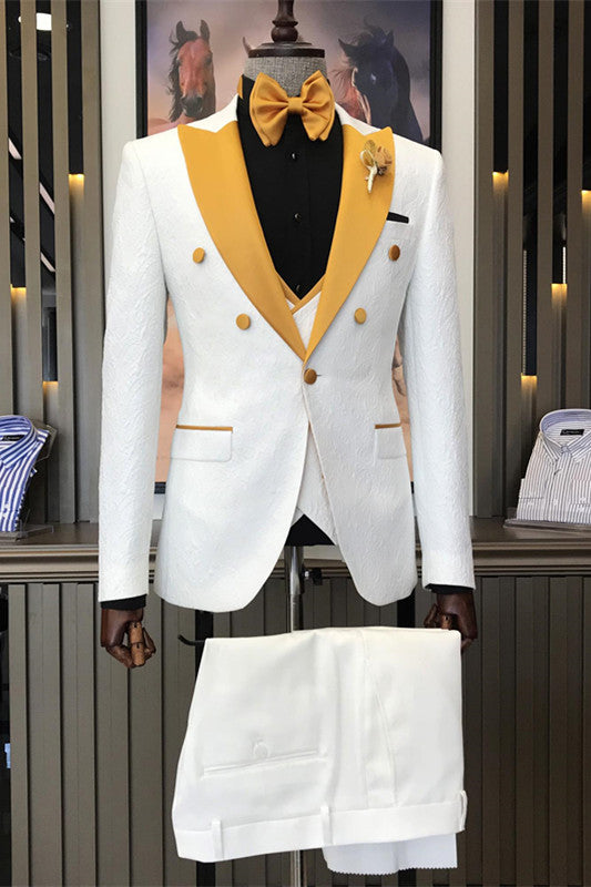 Stylish White Jacquard Three-Piece Peak Lapel Groom's Wedding Suit