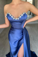 Sweetheart Blue Beaded neck High split Prom Dress with Court Train