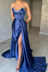 Sweetheart Blue Beaded neck High split Prom Dress with Court Train