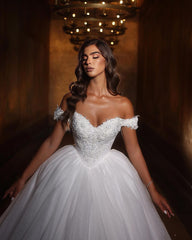 Sweetheart Princess Long White Off-the-shoulder A-line Glitter Wedding Dress With Lace