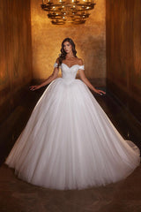 Sweetheart Princess Long White Off-the-shoulder A-line Glitter Wedding Dress With Lace