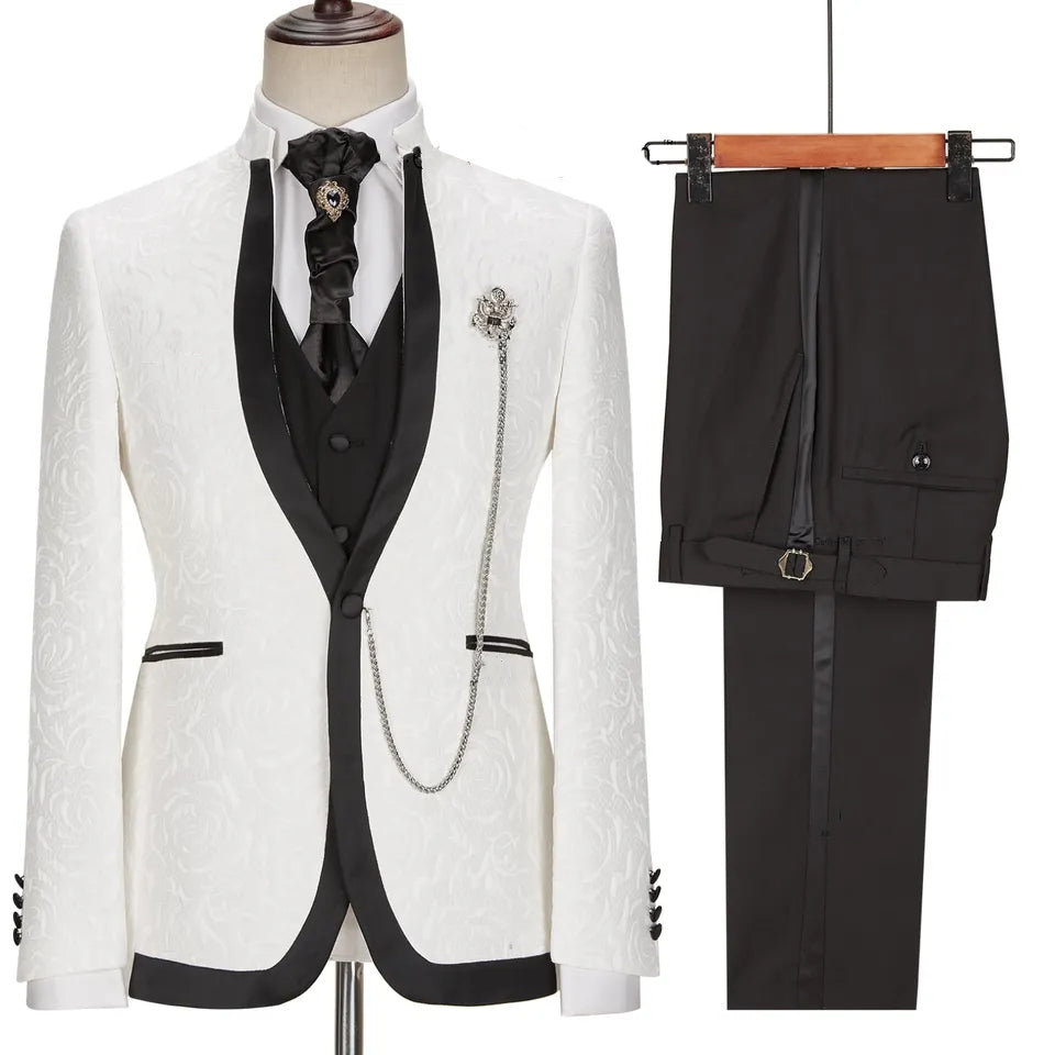 Tanner Stunning White Jacquard Shawl Lapel Three-Piece Suit for Weddings