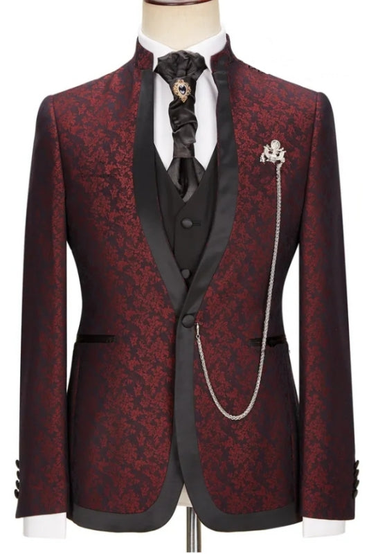 Tate Latest Burgundy Jacquard Shawl Collar Three-Piece Groom's Wedding Attire