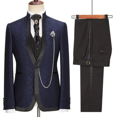 Taylor Navy Blue Jacquard Shawl Collar Three-Piece Latest Wedding Ensemble