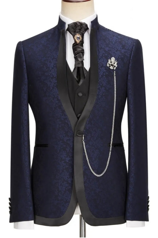 Taylor Navy Blue Jacquard Shawl Collar Three-Piece Latest Wedding Ensemble