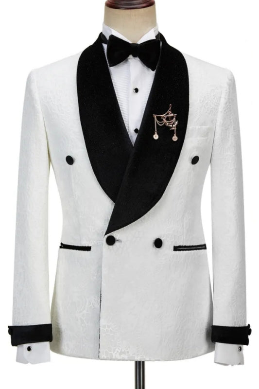 Ted Elegant White Jacquard Double Breasted Groom's Wedding Suit With Black Velvet Lapel