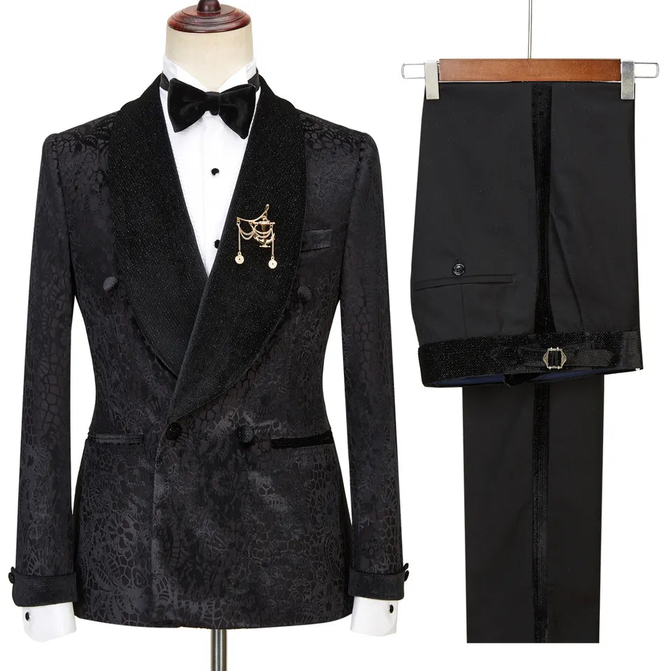 Terence Tailored Black Jacquard Double-Breasted Wedding Suit with Velvet Shawl Lapel