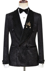 Terence Tailored Black Jacquard Double-Breasted Wedding Suit with Velvet Shawl Lapel