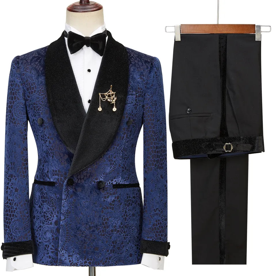 Theobald Navy Blue Jacquard Double-Breasted Wedding Suit With Black Velvet Lapel