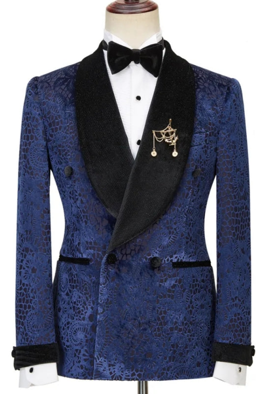 Theobald Navy Blue Jacquard Double-Breasted Wedding Suit With Black Velvet Lapel