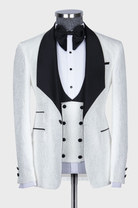 Thomas Tailored White Jacquard Three-Piece Suit with Black Shawl Lapel