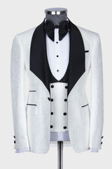 Thomas Tailored White Jacquard Three-Piece Suit with Black Shawl Lapel