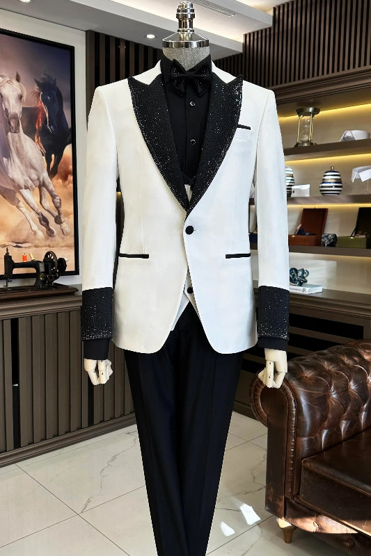 Thomas White Three-Piece Men's Suit With Sequins Peaked Lapel