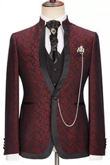 Timothy Burgundy Jacquard Stylish One Button 3-Piece Wedding Suit with Unique Lapel