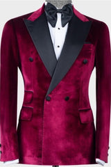 Toby Fancy Wine Velvet Double-Breasted Peaked Lapel Prom Suit