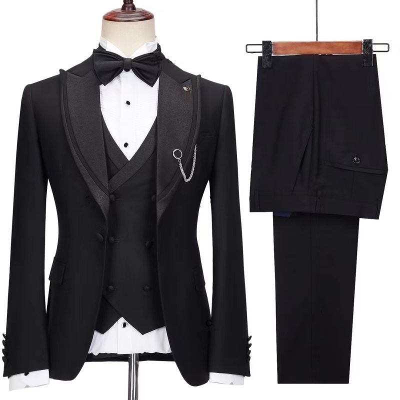 Trendy Black Custom Peaked Lapel Three-Piece Wedding Ensemble