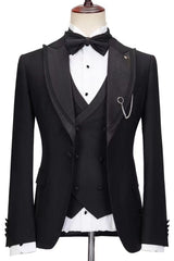 Trendy Black Custom Peaked Lapel Three-Piece Wedding Ensemble