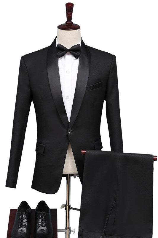 Trendy Black Shawl Collar Single Button Tailored Fit Wedding Suits