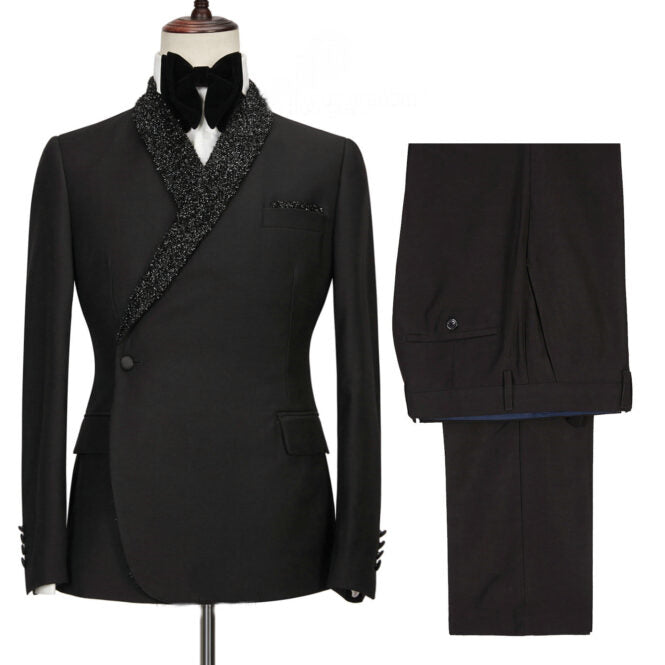 Troy Tailored Black Two-Piece Wedding Suit with Sequins and Shawl Lapel