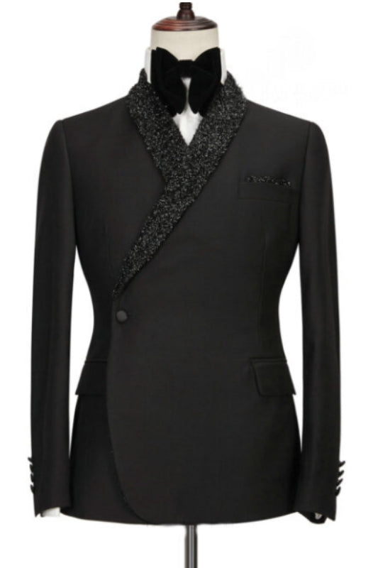 Troy Tailored Black Two-Piece Wedding Suit with Sequins and Shawl Lapel