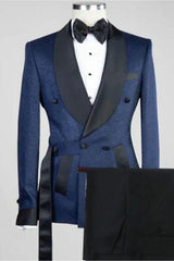 Truman Navy Blue Jacquard Shawl Collar Double Breasted Elegant Wedding Suit