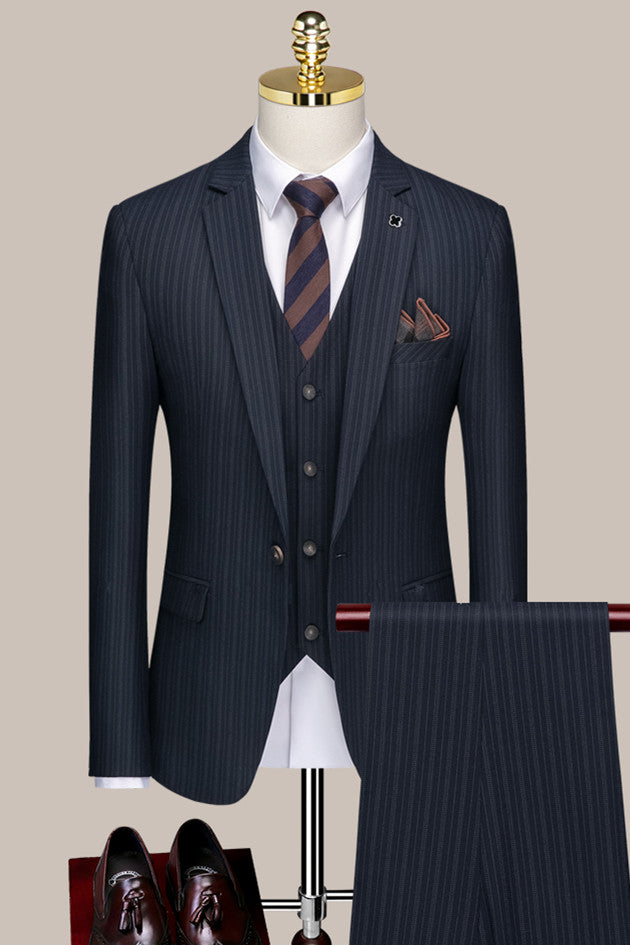 Tyler Dark Blue Striped Notch Lapel Three-Piece Formal Business Suit