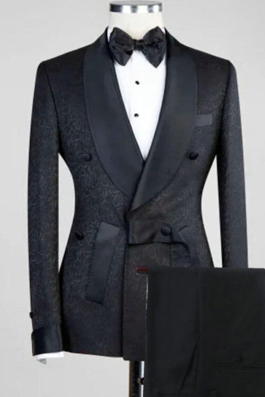 Tyler Timeless Black Jacquard Shawl Collar Double Breasted Groom's Attire