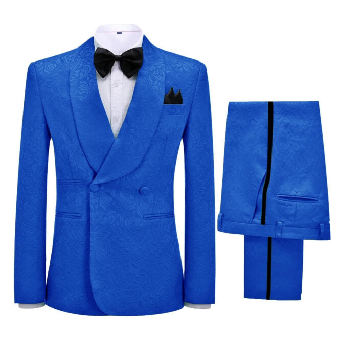 Ulysses Tailored Royal Blue Jacquard Shawl Collar Double Breasted Groom's Suit