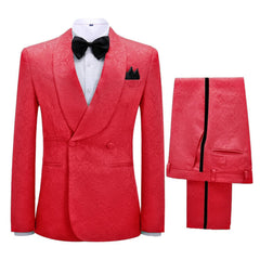 Uriah Fancy Red Jacquard Shawl Collar Double Breasted Groom's Suit