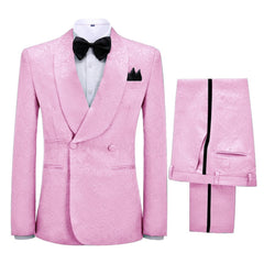 Valentine Fashionable Pink Jacquard Shawl Collar Double-Breasted Wedding Suit