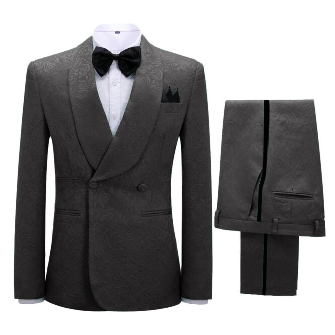 Verne Formal Black Jacquard Shawl Collar Double Breasted Groom's Suit