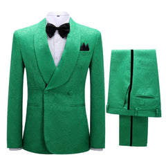 Vic Elegant Green Jacquard Shawl Collar Double Breasted Groom's Suit