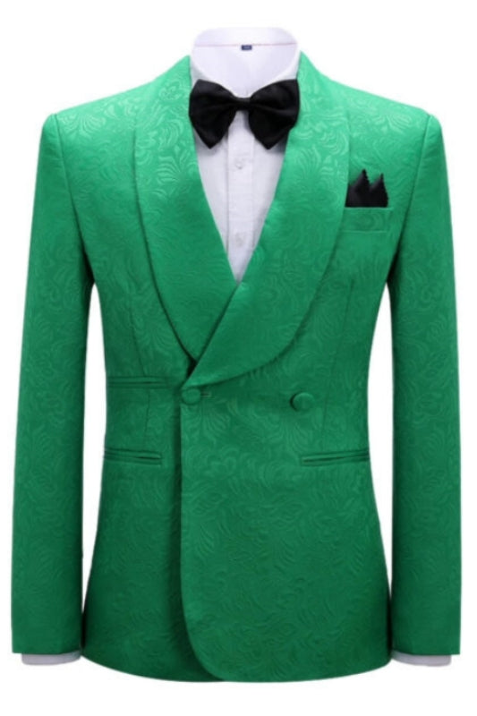 Vic Elegant Green Jacquard Shawl Collar Double Breasted Groom's Suit