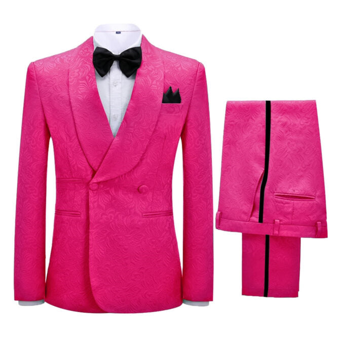 Victor Vibrant Pink Jacquard Shawl Collar Double Breasted Close Cut Groom's Suit