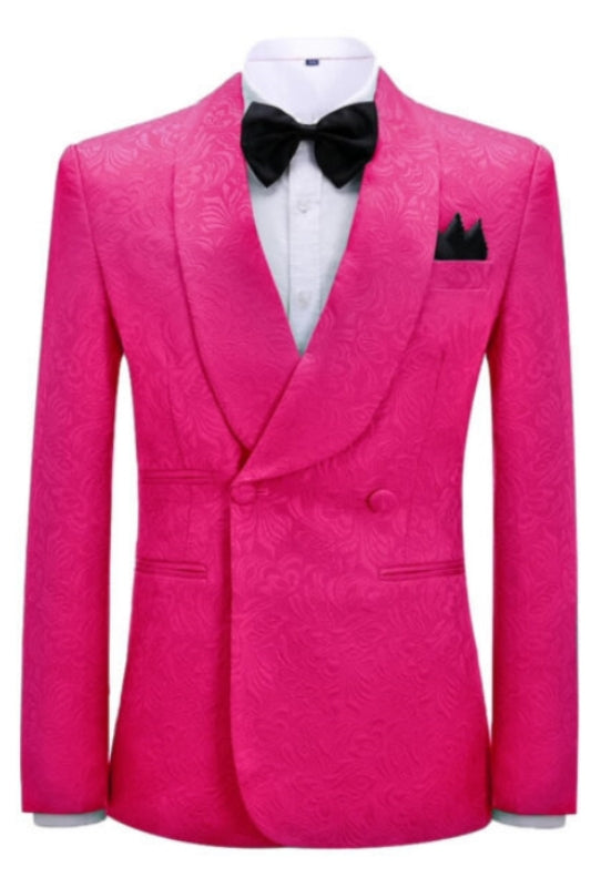 Victor Vibrant Pink Jacquard Shawl Collar Double Breasted Close Cut Groom's Suit