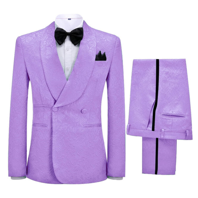 Vincent Alluring Lilac Jacquard Shawl Collar Double Breasted Groom's Attire