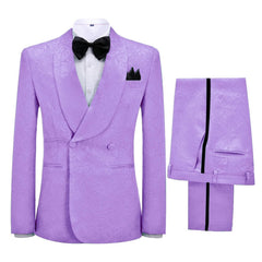 Vincent Alluring Lilac Jacquard Shawl Collar Double Breasted Groom's Attire