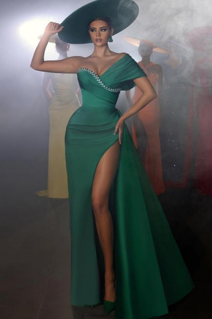 Vintage Long Green Mermaid One Shoulder Beading Prom Dress With Slit