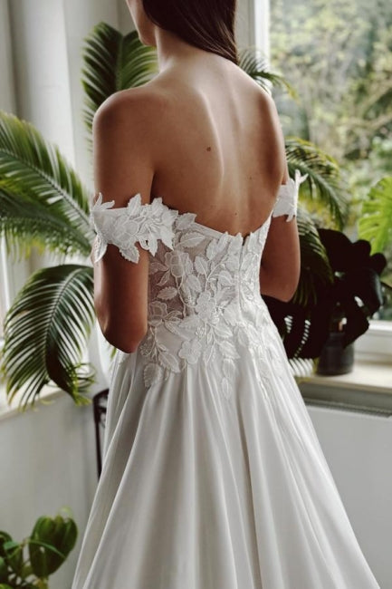 Vintage Long White A-line Off-the-shoulder Wedding Dress with Slit