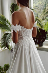 Vintage Long White A-line Off-the-shoulder Wedding Dress with Slit