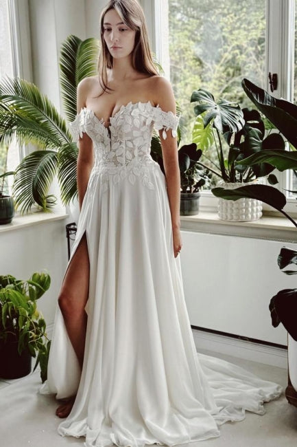 Vintage Long White A-line Off-the-shoulder Wedding Dress with Slit