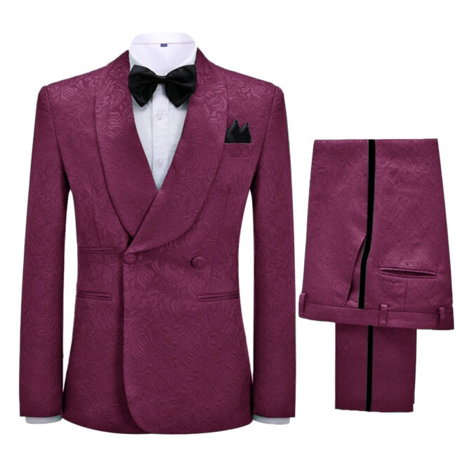 Virgil Most Recent Burgundy Jacquard Shawl Collar Double-Breasted Wedding Suit